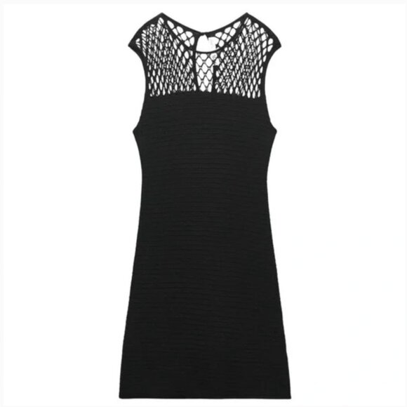 Elegant Pointelle Black mini  crochet Sleeveless Dress - Picture 2 of 13
